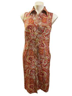 Moda Seta Silk Vintage pink and orange Sleeveless Paisley Button-Front Dress